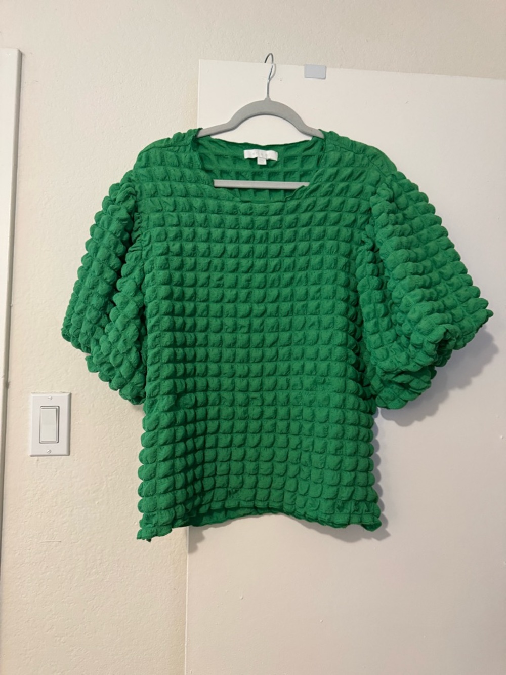 Textured Puff-Sleeve Knit Top in Emerald Green